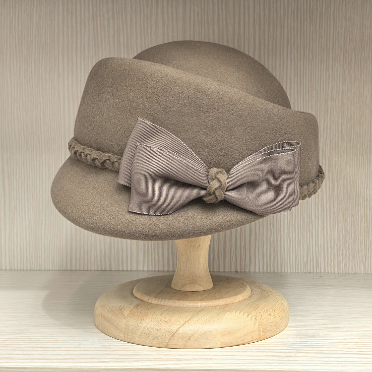 Women’s Wool Felt Cloche-Style Beret with Braid and Bow Accents - Beige 