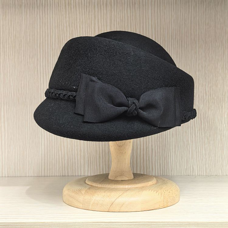 Women’s Wool Felt Cloche-Style Beret with Braid and Bow Accents - Black 