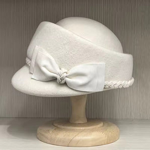 Women’s Wool Felt Cloche-Style Beret with Braid and Bow Accents - White