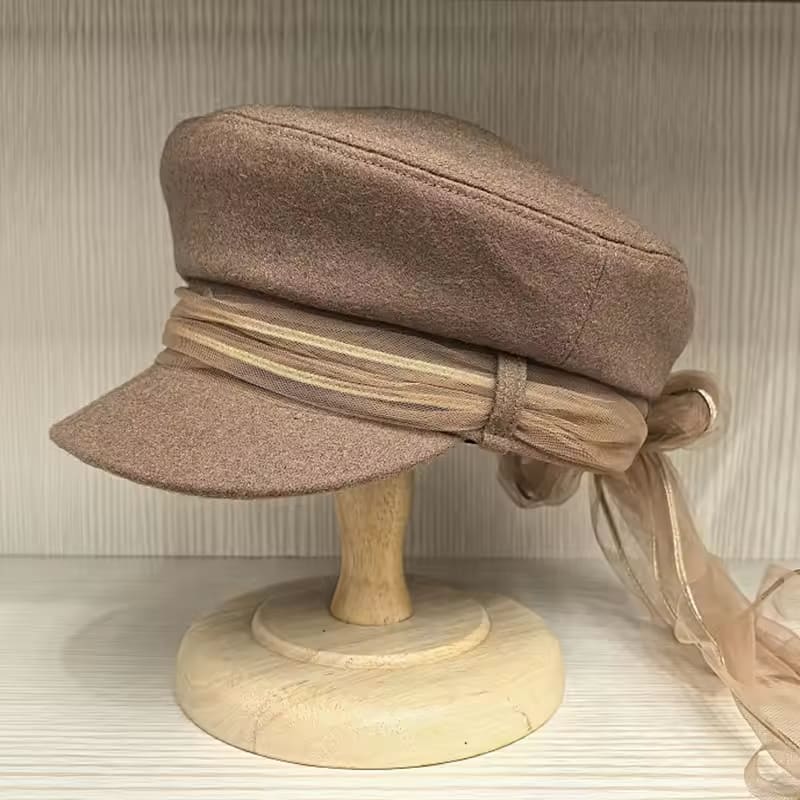 Women's Wool Felt Newsboy Cap with Ribbon Accent - Baker Boy Flat Top Hat - Beige