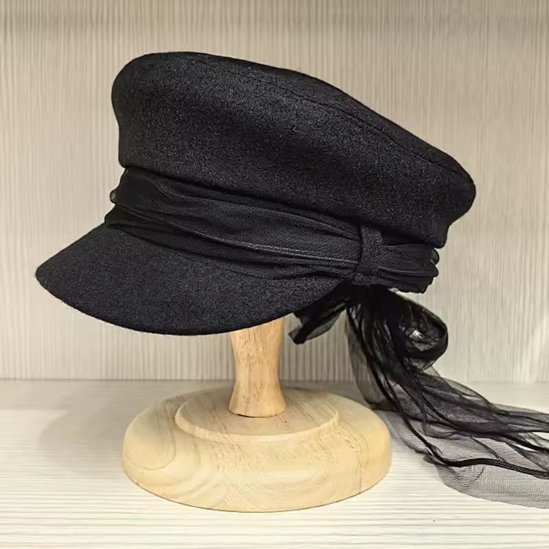 Women's Wool Felt Newsboy Cap with Ribbon Accent - Baker Boy Flat Top Hat - Black