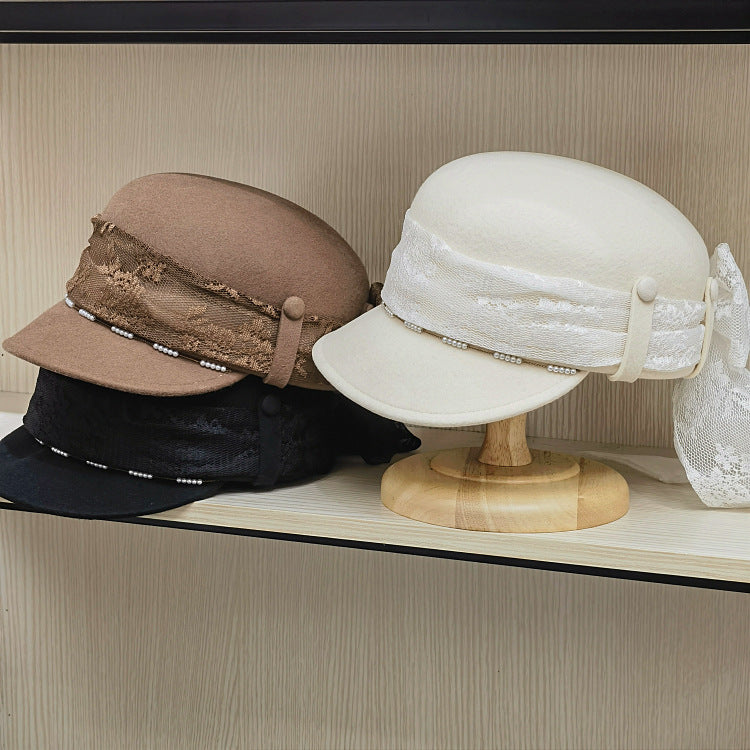 Women's Wool Visor Beret with Lace - Winter Newsboy Cap - All Together 