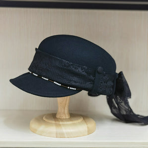 Women's Wool Visor Beret with Lace - Winter Newsboy Cap - Black   