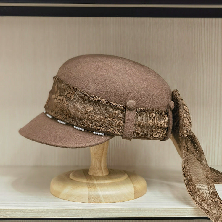 Women's Wool Visor Beret with Lace - Winter Newsboy Cap - Brown  