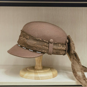 Women's Wool Visor Beret with Lace - Winter Newsboy Cap - Brown  