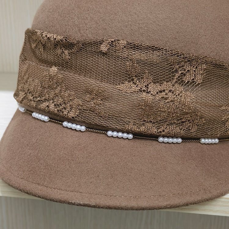 Women's Wool Visor Beret with Lace - Winter Newsboy Cap - Front  