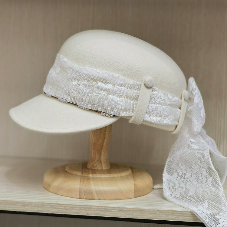 Women's Wool Visor Beret with Lace - Winter Newsboy Cap - White 