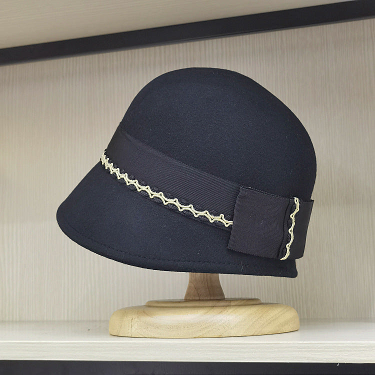Women's Wool Wide Bow Cloche Hat - Vintage Style Asymmetrical Brim - Black 