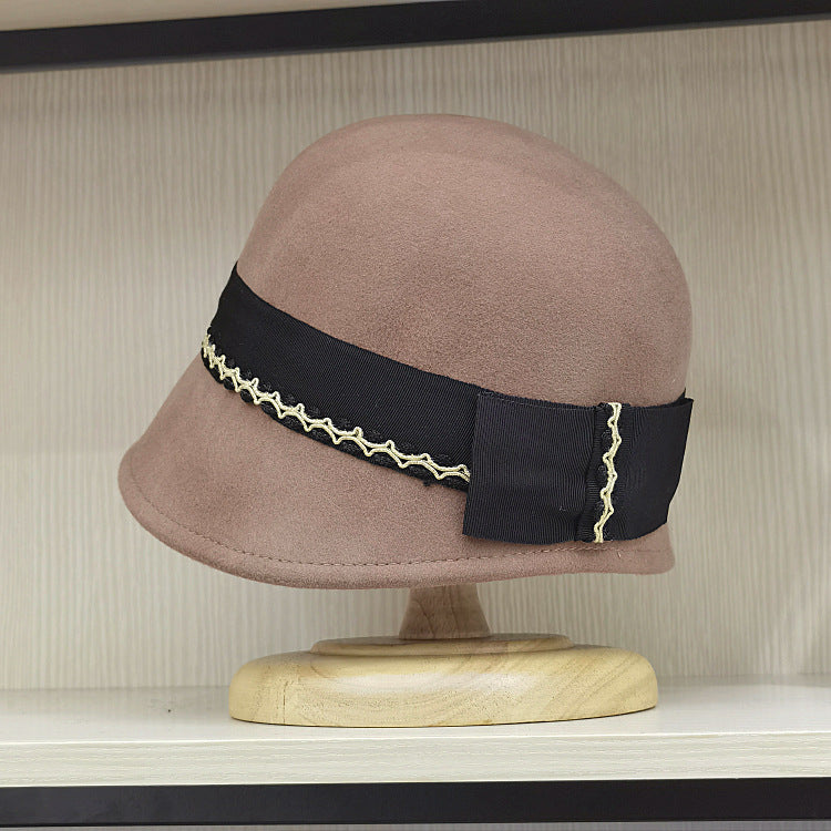 Women's Wool Wide Bow Cloche Hat - Vintage Style Asymmetrical Brim - Camel 