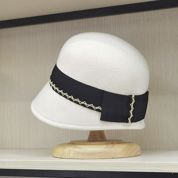 Women's Wool Wide Bow Cloche Hat - Vintage Style Asymmetrical Brim - White 