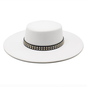 Wool Fedora Hat with Studded Band - White