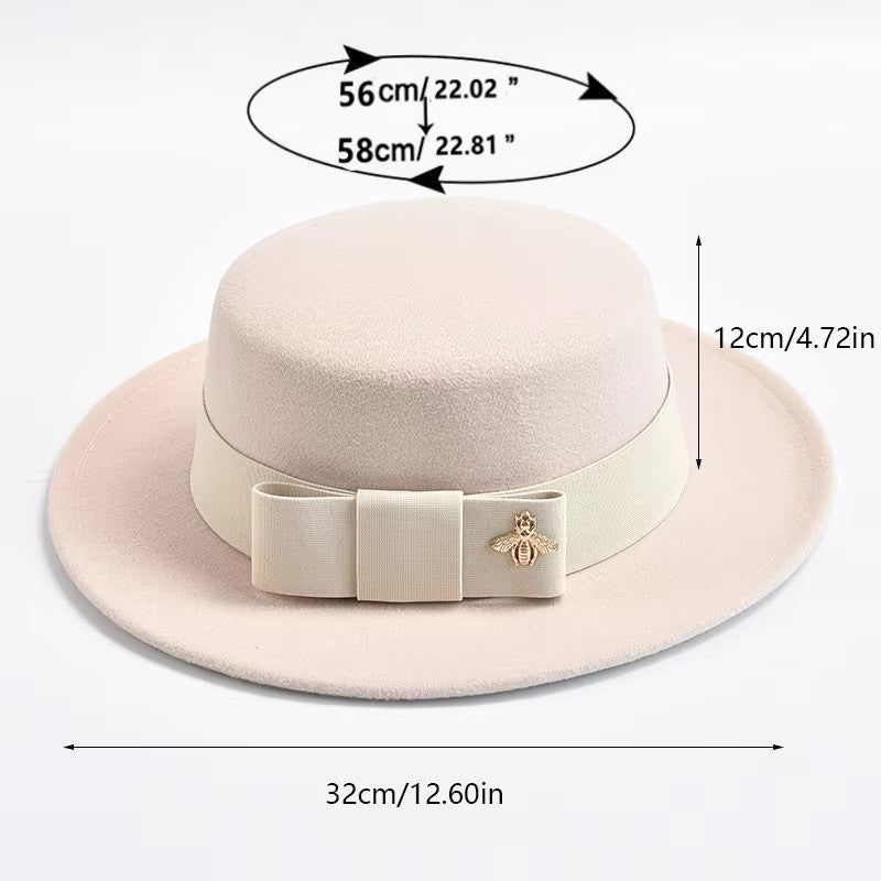Flat-Top Fedora Hat with Ribbon Bow & Bee Accent